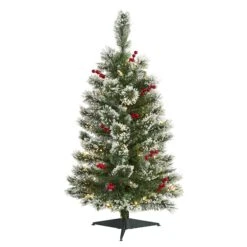 3’ Frosted Swiss Pine Artificial Christmas Tree With 50 Clear LED Lights And Berries