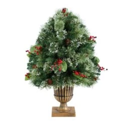 3' Holiday Pre-Lit Snow Tip Greenery, Berries And Pinecones Plant In Urn With 100 LED Lights -Artificial Flowers Sale artificial 3 holiday pre lit snow tip greenery berries and pinecones plant in urn with 100 led lights nearly natural 168971
