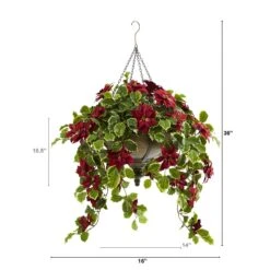3’ Poinsettia And Variegated Holly Artificial Plant In Metal Hanging Bowl (Real Touch) -Artificial Flowers Sale artificial 3 poinsettia and variegated holly artificial plant in metal hanging bowl real touch nearly natural 694634