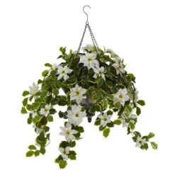 3’ Poinsettia And Variegated Holly Artificial Plant In Metal Hanging Bowl (Real Touch) -Artificial Flowers Sale artificial 3 poinsettia and variegated holly artificial plant in metal hanging bowl real touch nearly natural white 425708