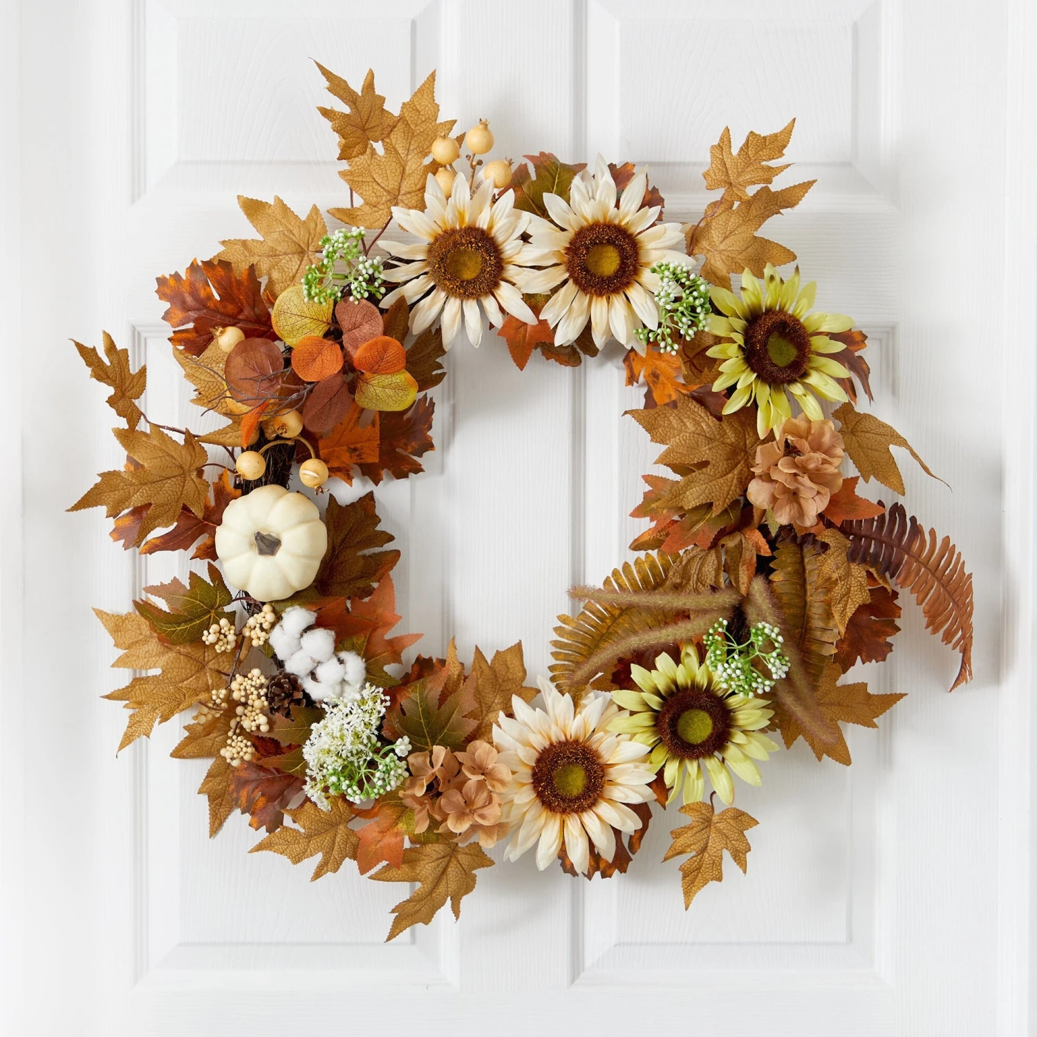 30” Autumn Sunflower, White Pumpkin And Berries Artificial Fall Wreath 4 30” Autumn Sunflower, White Pumpkin And Berries Artificial Fall Wreath - Image 2