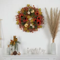 30” Artificial Fall Acorn, Sunflower, Berries And Autumn Foliage Wreath -Artificial Flowers Sale artificial 30 fall acorn sunflower berries and autumn foliage artificial wreath nearly natural 625953