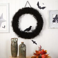 30” Halloween Black Raven Twig Wreath -Artificial Flowers Sale artificial 30 halloween black raven twig wreath nearly natural 111925