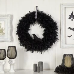 30" Halloween Raven Feather Wreath" -Artificial Flowers Sale artificial 30 halloween raven feather wreath nearly natural 349788