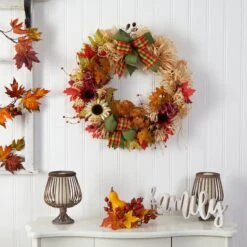 30” Harvest Autumn Sunflower, Maple Leaves And Berries Artificial Fall Wreath With Decorative Bows -Artificial Flowers Sale artificial 30 harvest autumn sunflower maple leaves and berries artificial fall wreath with decorative bows nearly natural 137163