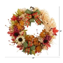 30” Harvest Autumn Sunflower, Maple Leaves And Berries Artificial Fall Wreath With Decorative Bows -Artificial Flowers Sale artificial 30 harvest autumn sunflower maple leaves and berries artificial fall wreath with decorative bows nearly natural 946736