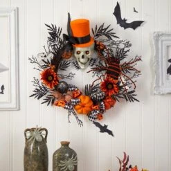 30” Spider And Skull With Top Hat Halloween Wreath -Artificial Flowers Sale artificial 30 spider and skull with top hat halloween wreath nearly natural 519697