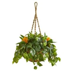 31” Bromeliad & Pothos Artificial Plant In Hanging Basket
