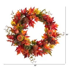 32” Autumn Maple Leaf, Pumpkin And Berries Artificial Fall Wreath -Artificial Flowers Sale artificial 32 autumn maple leaf pumpkin and berries artificial fall wreath nearly natural 781651