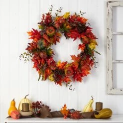 32” Autumn Maple Leaf, Pumpkin And Berries Artificial Fall Wreath -Artificial Flowers Sale artificial 32 autumn maple leaf pumpkin and berries artificial fall wreath nearly natural 869216