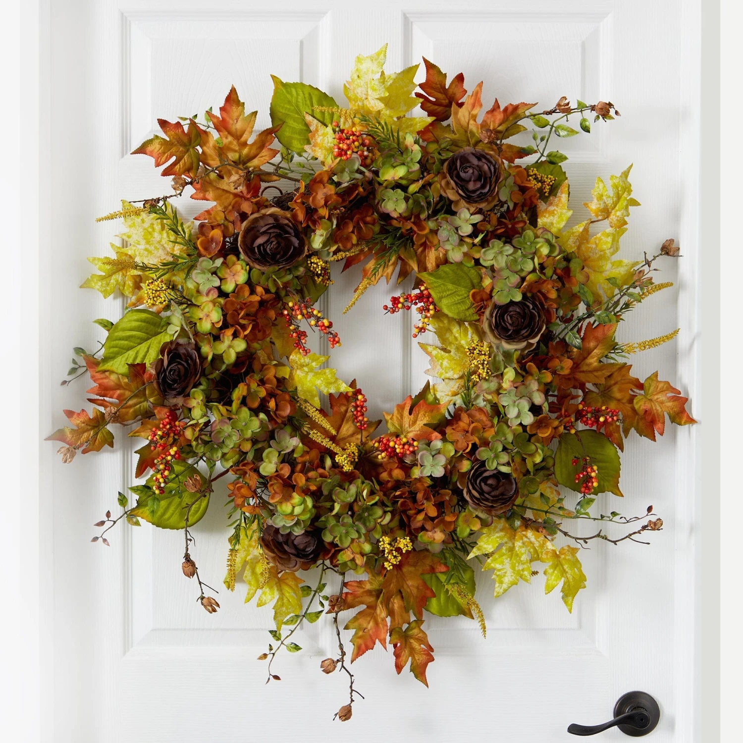 32” Fall Hydrangea, Ranunculus And Maple Leaf Autumn Artificial Wreath 4 32” Fall Hydrangea, Ranunculus And Maple Leaf Autumn Artificial Wreath - Image 2