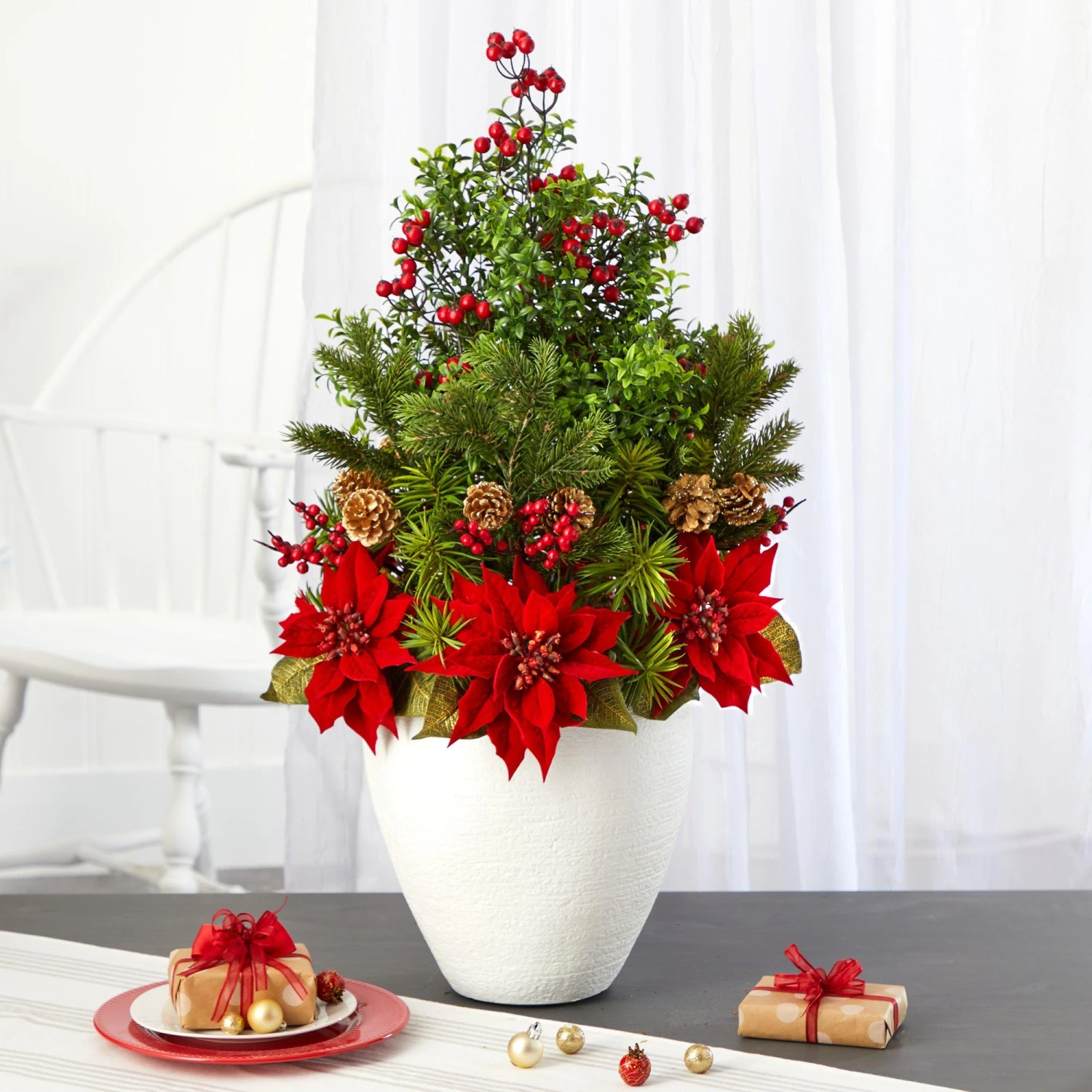 32” Poinsettia, Boxwood And Succulent Artificial Arrangement In White Vase 6 32” Poinsettia, Boxwood And Succulent Artificial Arrangement In White Vase - Image 4
