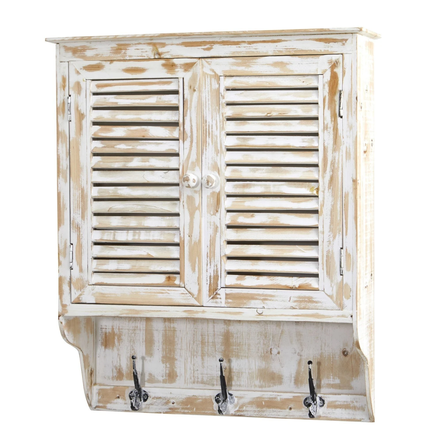32” White Washed Wall Cabinet With Hooks 3 32” White Washed Wall Cabinet With Hooks