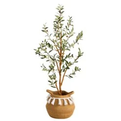 3.5’ Artificial Olive Tree With Handmade Jute & Cotton Basket With Tassels