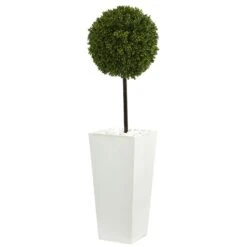 3.5’ Boxwood Ball Topiary Artificial Tree In White Tower Planter (Indoor/Outdoor)