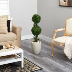3.5’ Boxwood Double Ball Topiary Artificial Tree In Sand Colored Planter (Indoor/Outdoor) -Artificial Flowers Sale artificial 35 boxwood double ball topiary artificial tree in sand colored planter indooroutdoor nearly natural 611011