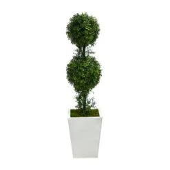 3.5’ Boxwood Double Ball Topiary Artificial Tree In White Metal Planter(Indoor/Outdoor)