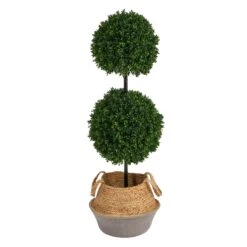 3.5’ Artificial Boxwood Double Ball Topiary Tree In Boho Chic Handmade Cotton & Jute Planter UV Resistant -Artificial Flowers Sale artificial 35 boxwood double ball topiary tree in boho chic handmade cotton jute planter uv resistant nearly natural 441412