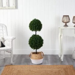 3.5’ Boxwood Double Ball Topiary Tree In Boho Chic Handmade Cotton & Jute Planter UV Resistant -Artificial Flowers Sale artificial 35 boxwood double ball topiary tree in boho chic handmade cotton jute planter uv resistant nearly natural 593270