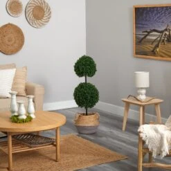 3.5’ Artificial Boxwood Double Ball Topiary Tree In Boho Chic Handmade Cotton & Jute Planter UV Resistant -Artificial Flowers Sale artificial 35 boxwood double ball topiary tree in boho chic handmade cotton jute planter uv resistant nearly natural 880506