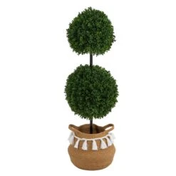 3.5’ Boxwood Double Ball Topiary Tree In Boho Chic Handmade Natural Planter UV Resistant