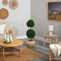3.5’ Boxwood Double Ball Topiary Tree In Boho Chic Handmade Natural Planter UV Resistant -Artificial Flowers Sale artificial 35 boxwood double ball topiary tree in boho chic handmade natural planter uv resistant nearly natural 900759