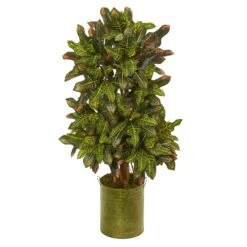 3.5’ Croton Artificial Plant In Green Tin Planter