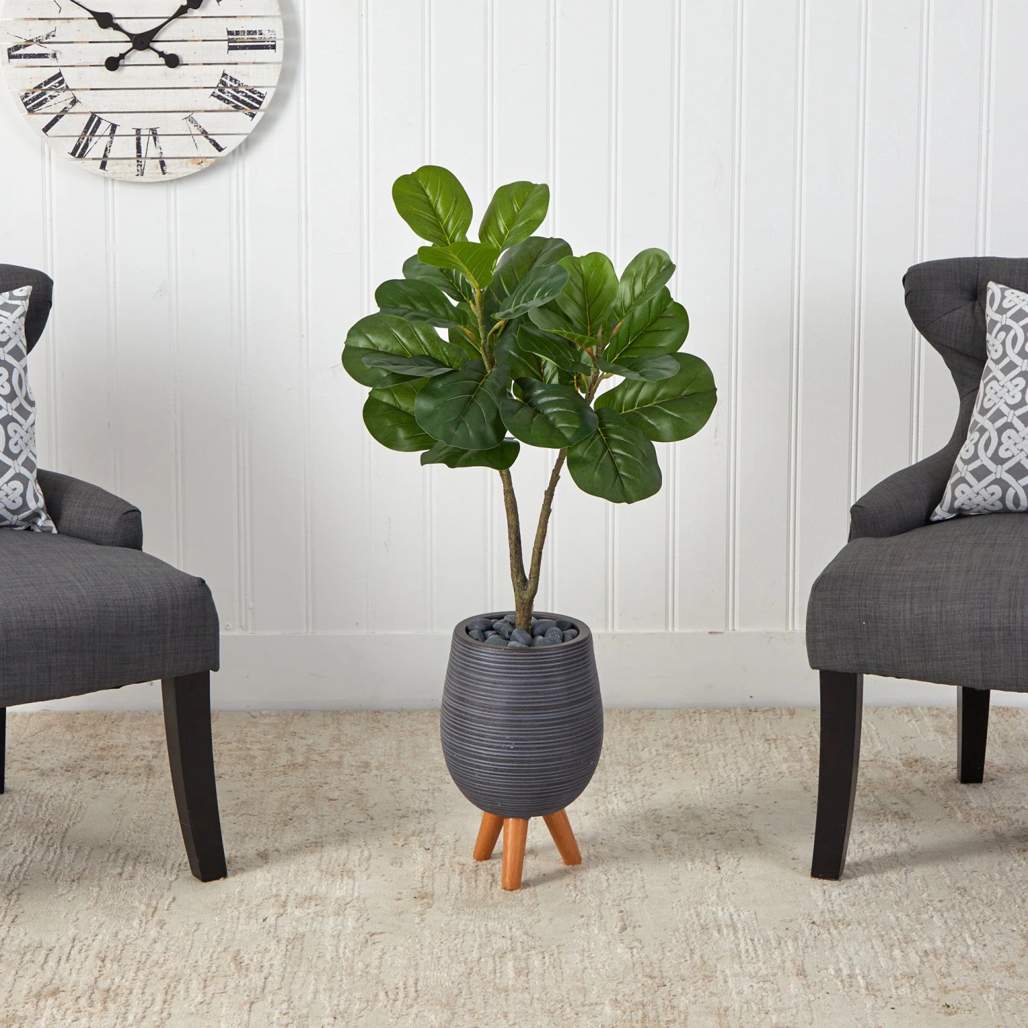 3.5’ Fiddle Leaf Fig Artificial Tree In Gray Planter With Stand 5 3.5’ Fiddle Leaf Fig Artificial Tree In Gray Planter With Stand - Image 3