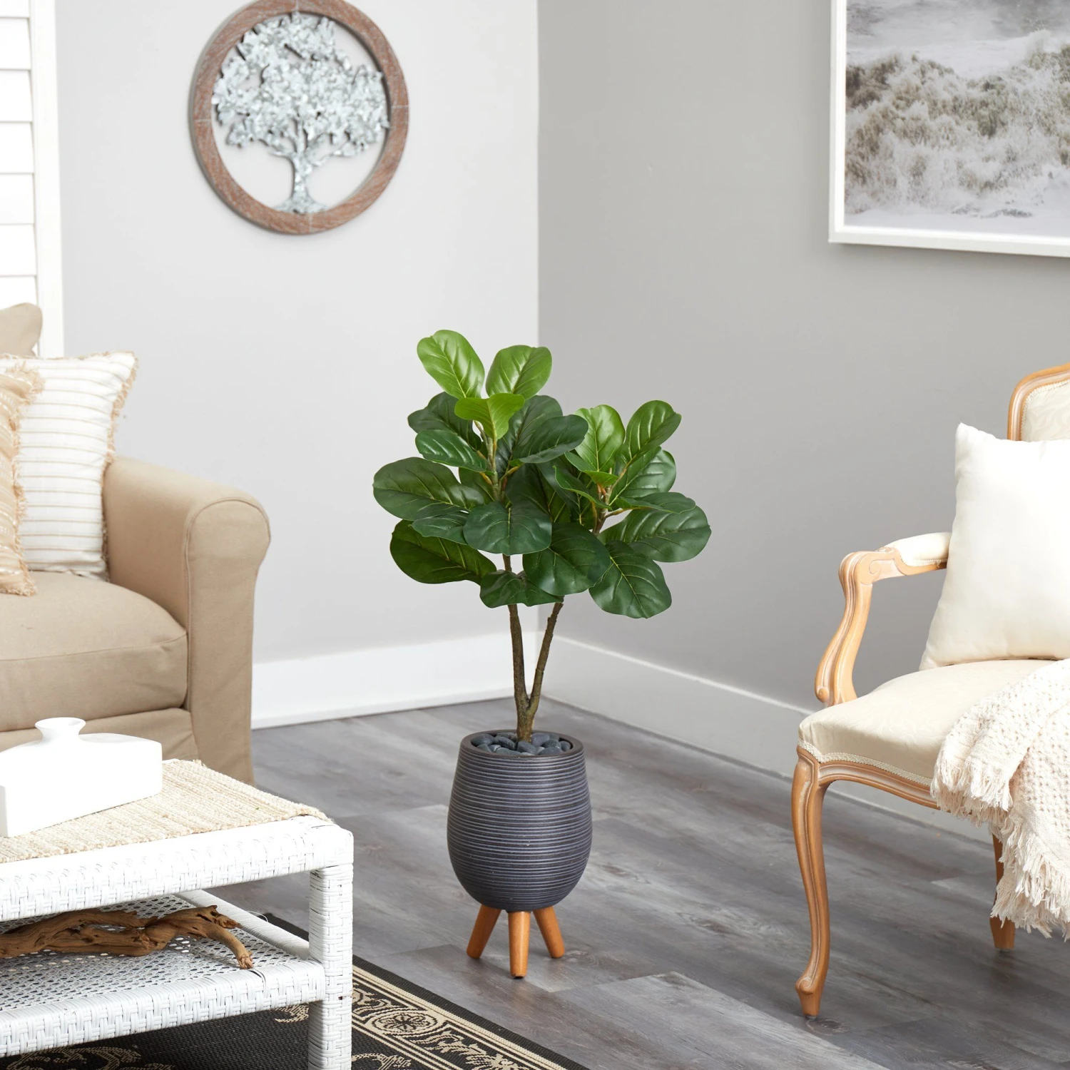 3.5’ Fiddle Leaf Fig Artificial Tree In Gray Planter With Stand 6 3.5’ Fiddle Leaf Fig Artificial Tree In Gray Planter With Stand - Image 4