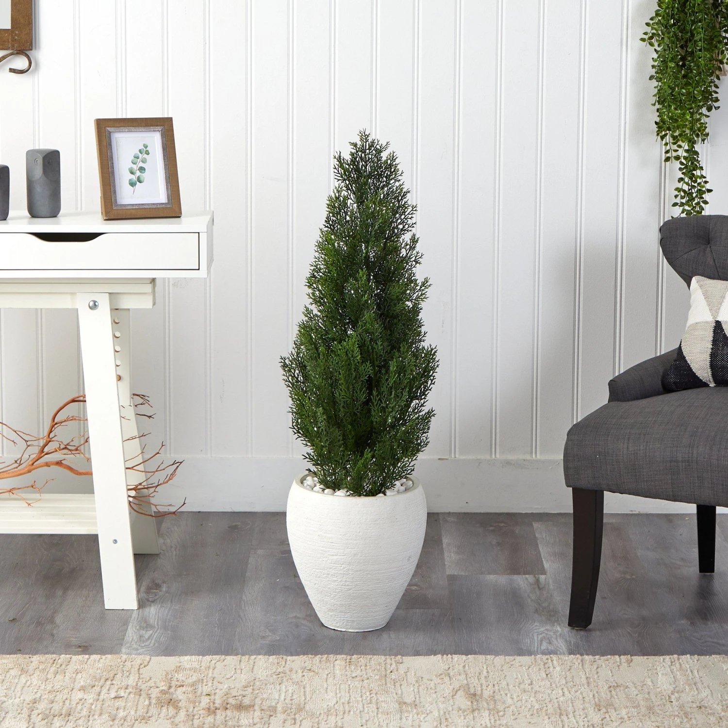 3.5’ Mini Cedar Artificial Pine Tree In White Planter (Indoor/Outdoor) 5 3.5’ Mini Cedar Artificial Pine Tree In White Planter (Indoor/Outdoor) - Image 3