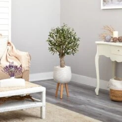 3.5’ Olive Artificial Tree In White Planter With Stand -Artificial Flowers Sale artificial 35 olive artificial tree in white planter with stand nearly natural 179373