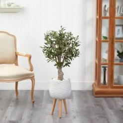 3.5’ Olive Artificial Tree In White Planter With Stand -Artificial Flowers Sale artificial 35 olive artificial tree in white planter with stand nearly natural 990853