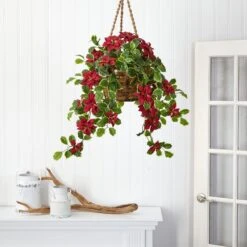 3.5’ Poinsettia And Variegated Holly Artificial Plant In Hanging Basket (Real Touch) -Artificial Flowers Sale artificial 35 poinsettia and variegated holly artificial plant in hanging basket real touch nearly natural 521861