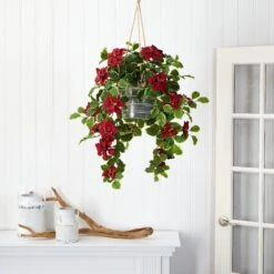 3.5’ Poinsettia And Variegated Holly Artificial Plant In Hanging Metal Bucket (Real Touch) -Artificial Flowers Sale artificial 35 poinsettia and variegated holly artificial plant in hanging metal bucket real touch nearly natural 377477