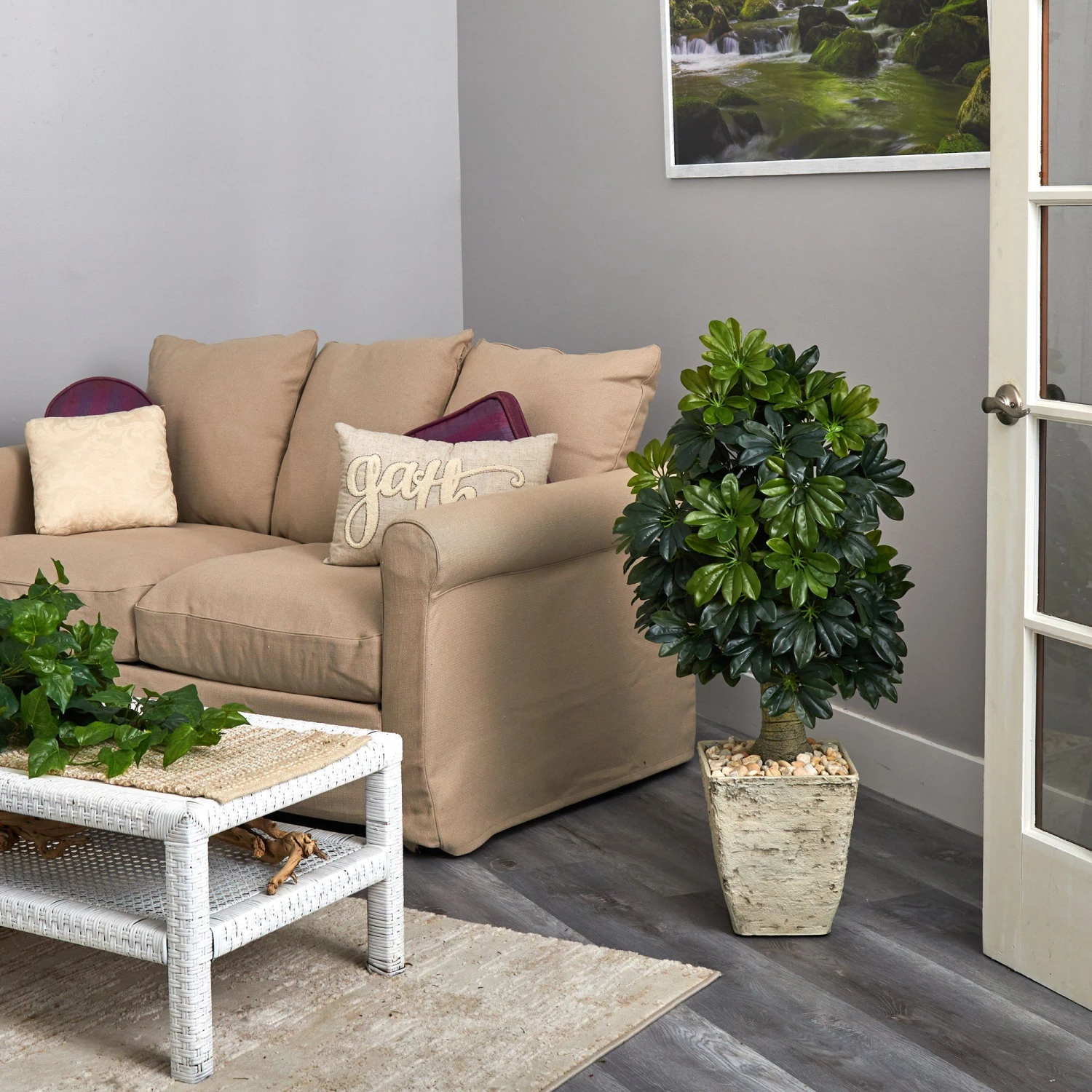 3.5’ Schefflera Artificial Tree In Country White Planter (Real Touch) 6 3.5’ Schefflera Artificial Tree In Country White Planter (Real Touch) - Image 4