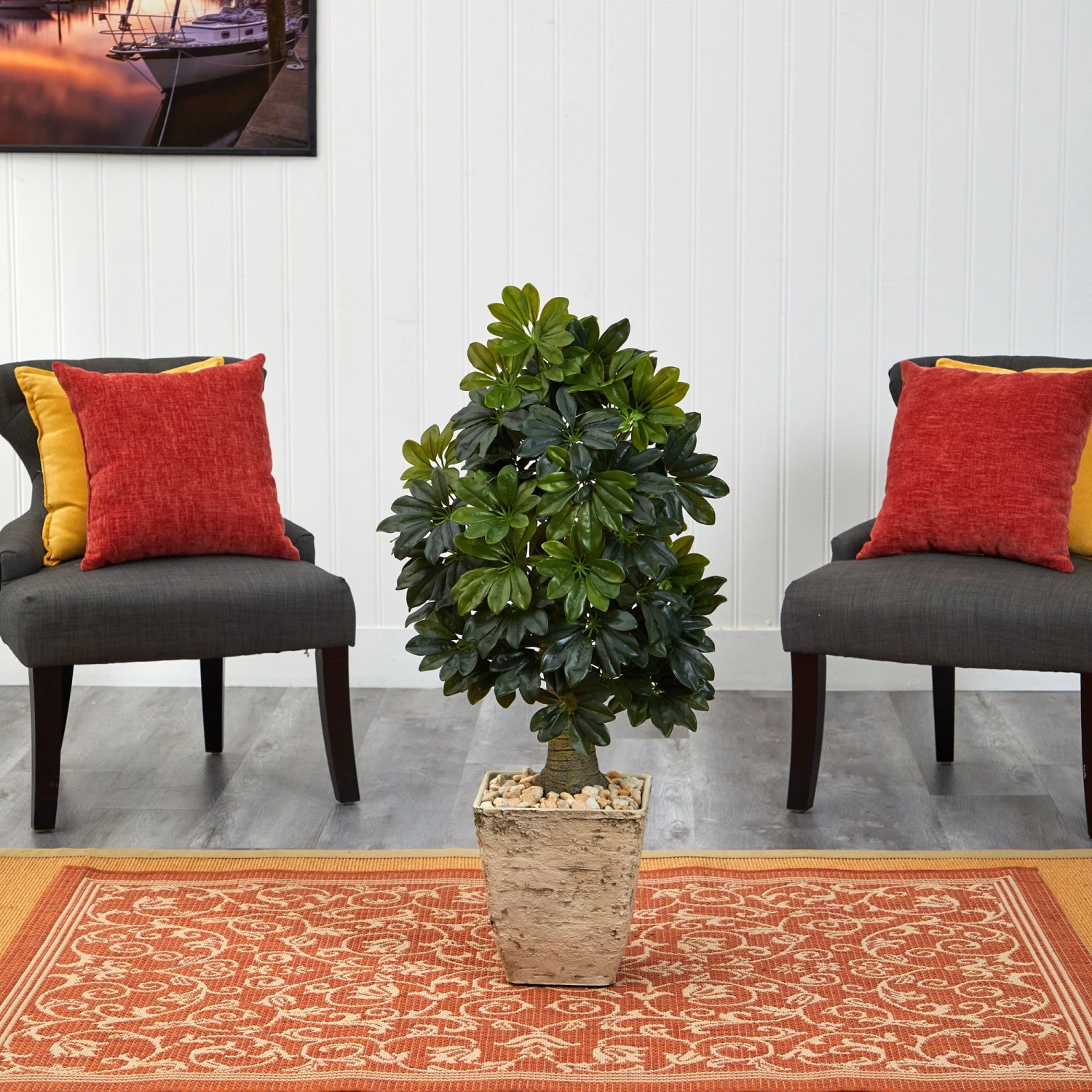 3.5’ Schefflera Artificial Tree In Country White Planter (Real Touch) 5 3.5’ Schefflera Artificial Tree In Country White Planter (Real Touch) - Image 3