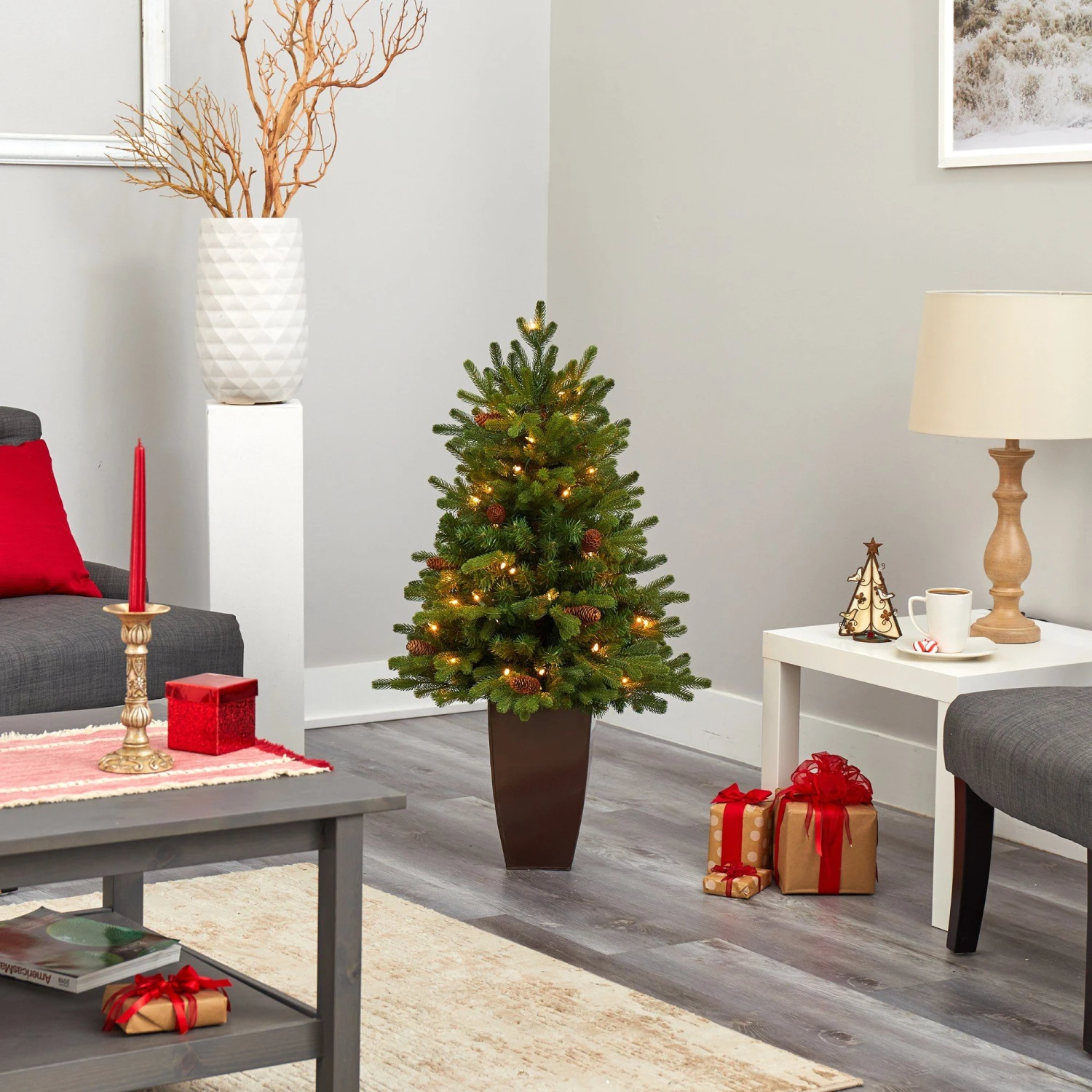 3.5’ Yukon Mountain Fir Artificial Christmas Tree With 50 Clear Lights And Pine Cones In Bronze Metal Planter 10 3.5’ Yukon Mountain Fir Artificial Christmas Tree With 50 Clear Lights And Pine Cones In Bronze Metal Planter - Image 8