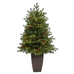 3.5’ Yukon Mountain Fir Artificial Christmas Tree With 50 Clear Lights And Pine Cones In Bronze Metal Planter