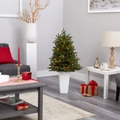 3.5’ Yukon Mountain Fir Artificial Christmas Tree With 50 Clear Lights And Pine Cones In White Planter -Artificial Flowers Sale artificial 35 yukon mountain fir artificial christmas tree with 50 clear lights and pine cones in white planter nearly natural 483304