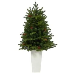 3.5’ Yukon Mountain Fir Artificial Christmas Tree With 50 Clear Lights And Pine Cones In White Planter -Artificial Flowers Sale artificial 35 yukon mountain fir artificial christmas tree with 50 clear lights and pine cones in white planter nearly natural 675601