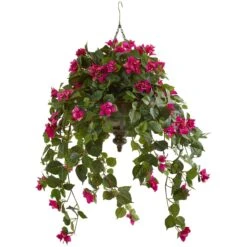 37” Bougainvillea Artificial Plant In Hanging Metal Bowl