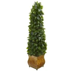 38” Sweet Bay Cone Topiary Artificial Tree In Decorative Metal Planter