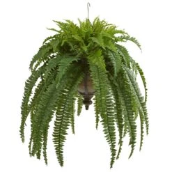39” Boston Fern Artificial Plant In Metal Hanging Bowl