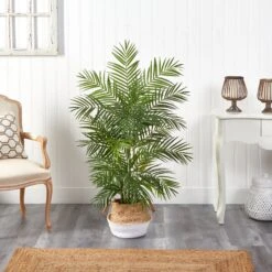 4' Areca Artificial Palm In Boho Chic Handmade Cotton & Jute White Woven Planter -Artificial Flowers Sale artificial 4 areca artificial palm in boho chic handmade cotton jute white woven planter nearly natural 733684