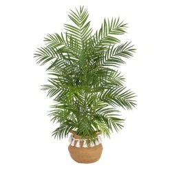 4' Areca Artificial Palm In Boho Chic Handmade Natural Cotton Woven Planter With Tassels -Artificial Flowers Sale artificial 4 areca artificial palm in boho chic handmade natural cotton woven planter with tassels nearly natural 499070