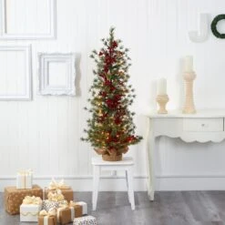 4’ Berry And Pine Artificial Christmas Tree With 100 Warm White Lights And Burlap Wrapped Base -Artificial Flowers Sale artificial 4 berry and pine artificial christmas tree with 100 warm white lights and burlap wrapped base nearly natural 349756