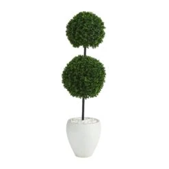 4’ Boxwood Double Ball Artificial Topiary Tree In White Planter(Indoor/Outdoor)