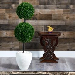 4’ Boxwood Double Ball Artificial Topiary Tree In White Planter(Indoor/Outdoor) -Artificial Flowers Sale artificial 4 boxwood double ball artificial topiary tree in white planter uv resistant indooroutdoor nearly natural 848305