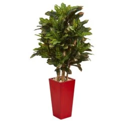 4’ Croton Artificial Plant In Red Planter