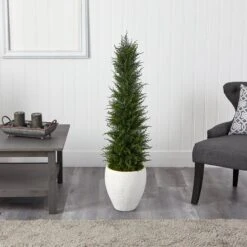 4’ Cypress Artificial Tree In White Planter UV Resistant (Indoor/Outdoor) -Artificial Flowers Sale artificial 4 cypress artificial tree in white planter uv resistant indooroutdoor nearly natural 662885
